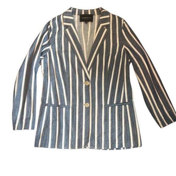 Lafayette 148 N.Y. Blue Striped 100% Cotton Blazer Jacket 6 - Picture 1 of 10